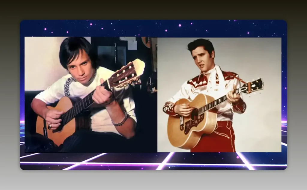 Montagem comparativa que ilustra a influência do rock americano na imagem do jovem cantor.
