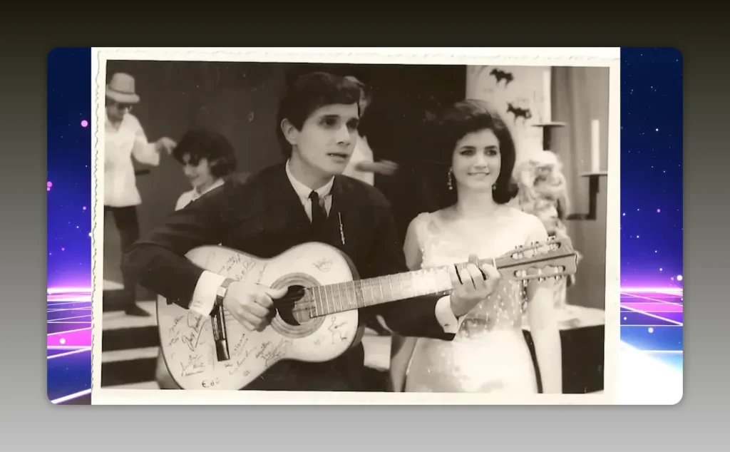 Foto de apresentação ao violão, representando primeiras performances.